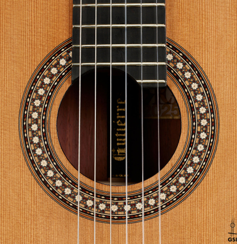 The rosette of a 2025 Miguel Angel Gutierrez "REG 2025" classical guitar made of cedar and padauk