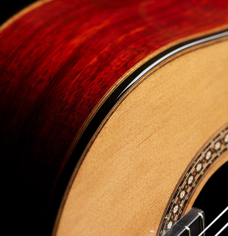 The soundboard and side of a 2025 Miguel Angel Gutierrez "REG 2025" classical guitar made of cedar and padauk