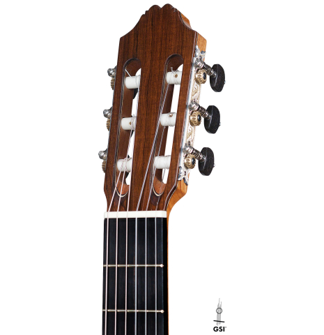 The headstock of a 2021 Henner Hagenlocher classical guitar made with cedar and CSA rosewood