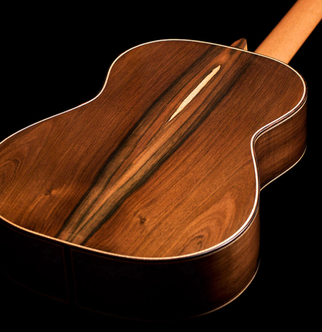 The back and sides of a 2021 Henner Hagenlocher classical guitar made with cedar and CSA rosewood
