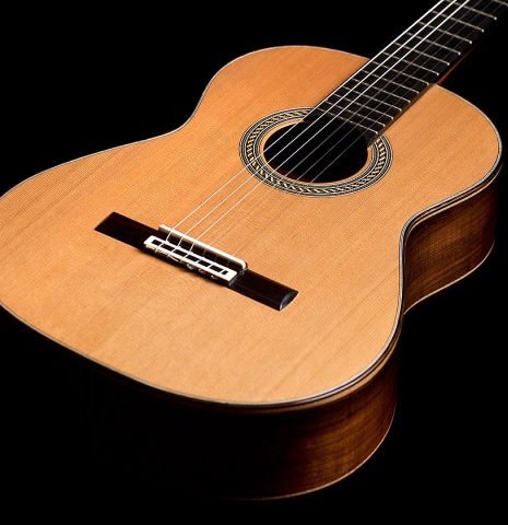 The front of a 2021 Henner Hagenlocher classical guitar made with cedar and CSA rosewood
