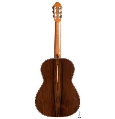 The back of a 2021 Henner Hagenlocher classical guitar made with cedar and CSA rosewood