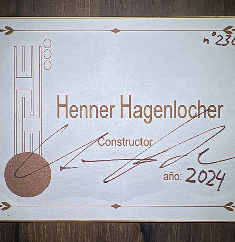 The label of 2024 Henner Hagenlocher "640" classical guitar made of spruce and CSA rosewood