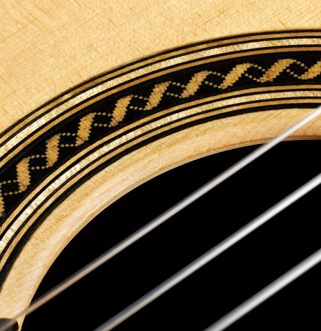 Detail of the rosette of 2024 Henner Hagenlocher "640" classical guitar made of spruce and CSA rosewood