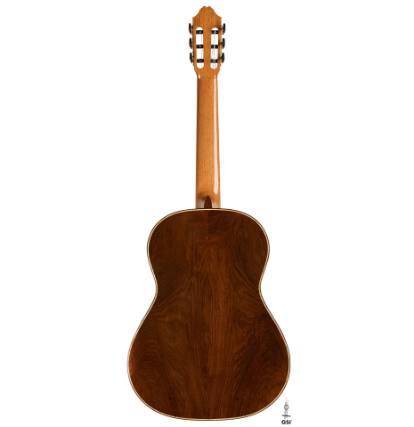 The back of a 2026 Henner Hagenlocher classical guitar made of spruce and CSA rosewood