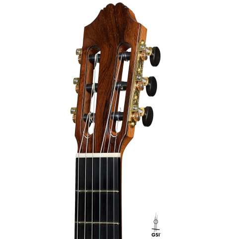 The headstock of a 2026 Henner Hagenlocher classical guitar made of spruce and CSA rosewood