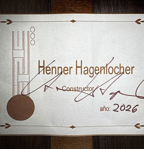 The label of a 2026 Henner Hagenlocher classical guitar made of spruce and CSA rosewood