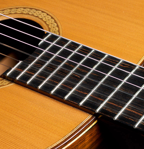 The fretboard of a classical guitar made with cedar and CSA rosewood in 2008 by Henner Hagenlocher