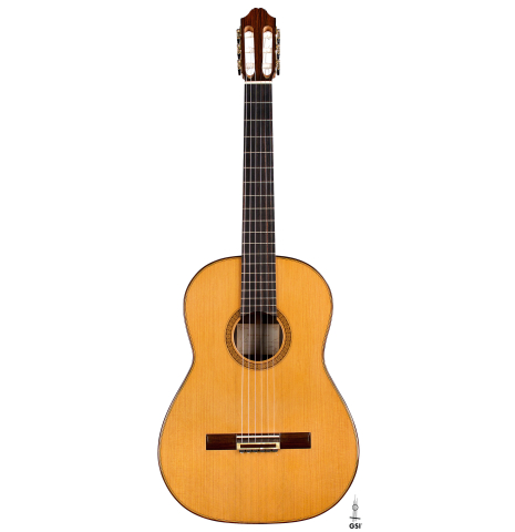 The front of a 2008 Henner Hagenlocher classical guitar made of cedar and CSA rosewood