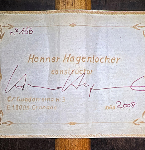 The label of a 2008 Henner Hagenlocher classical guitar made of cedar and CSA rosewood