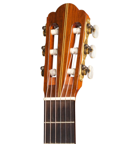 The headstock of a 1986 Hermann Hauser III classical guitar made of spruce and CSA rosewood