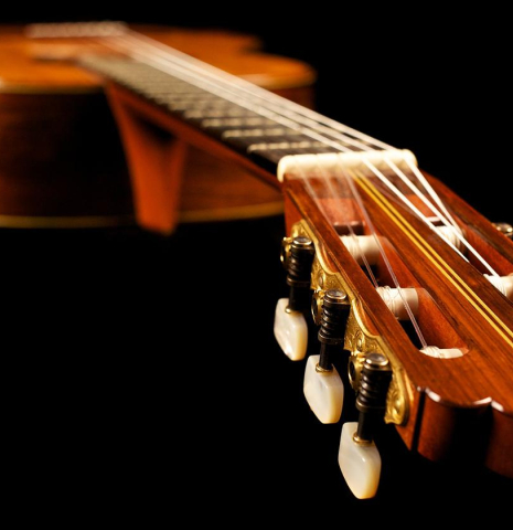 View from the headstock of a 1986 Hermann Hauser III classical guitar made of spruce and CSA rosewood