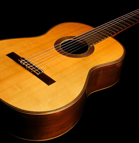 The soundboard and sides of a 1986 Hermann Hauser III classical guitar made of spruce and CSA rosewood