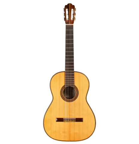 The front of a 1986 Hermann Hauser III classical guitar made of spruce and CSA rosewood