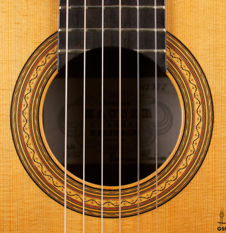 The rosette of a 1992 Hermann Hauser III classical guitar made with spruce top and CSA rosewood back and sides.