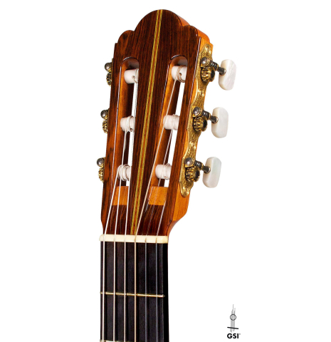 The headstock of a 1992 Hermann Hauser III classical guitar made with spruce top and CSA rosewood back and sides.