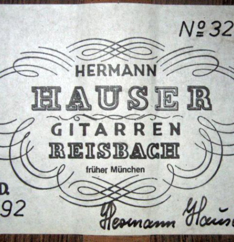 The label of a 1992 Hermann Hauser III classical guitar made with spruce top and CSA rosewood back and sides.