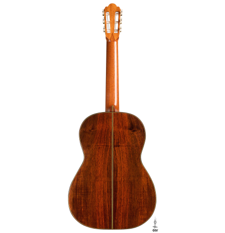 The back of a 1992 Hermann Hauser III classical guitar made with spruce top and CSA rosewood back and sides.