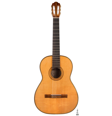 The front of a 1992 Hermann Hauser III classical guitar made with spruce top and CSA rosewood back and sides.