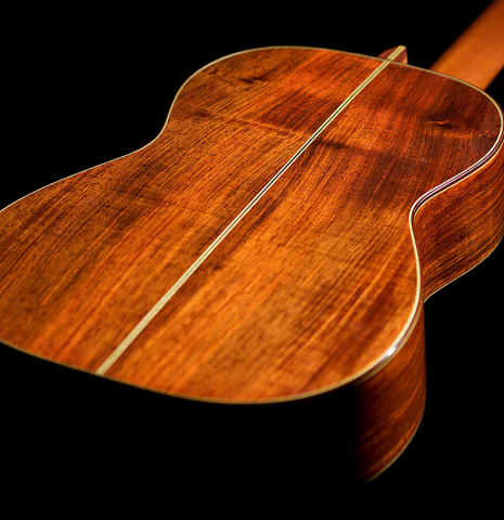 The back of a 1992 Hermann Hauser III classical guitar made with spruce top and CSA rosewood back and sides.