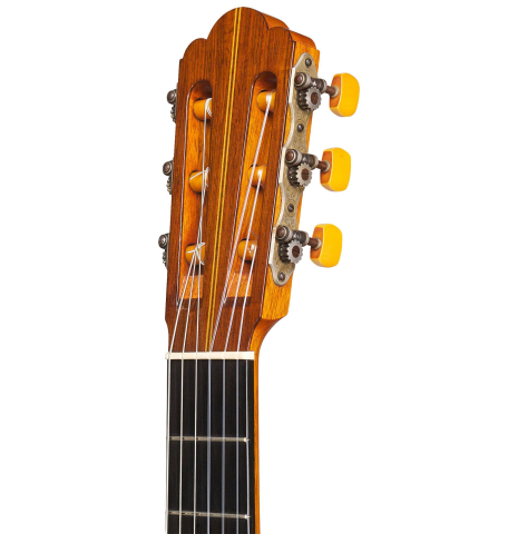 The headstock of a 1956 Hermann Hauser II classical guitar made of spruce and CSA rosewood