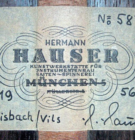 The label of a 1956 Hermann Hauser II classical guitar made of spruce and CSA rosewood