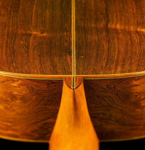 The back and sides at the heel of a 1956 Hermann Hauser II classical guitar made of spruce and CSA rosewood