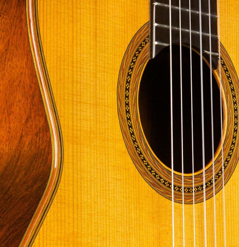 The top and rosette of a 1956 Hermann Hauser II classical guitar made of spruce and CSA rosewood