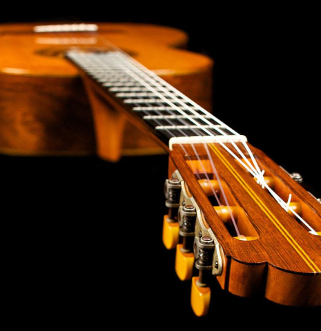 View from the headstock of a 1956 Hermann Hauser II classical guitar made of spruce and CSA rosewood