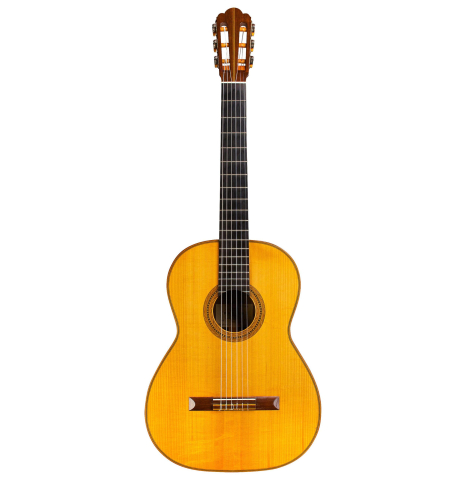 The front of a 1956 Hermann Hauser II classical guitar made of spruce and CSA rosewood