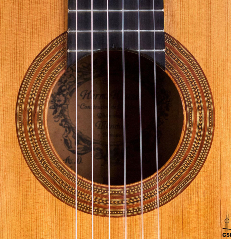 The rosette of a 1930 Hermann Hauser I "Llobet" classical guitar made of spruce and maple