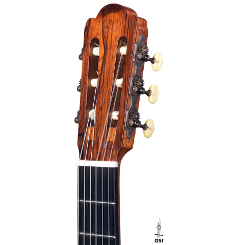 The headstock of a 1930 Hermann Hauser I "Llobet" classical guitar made of spruce and maple