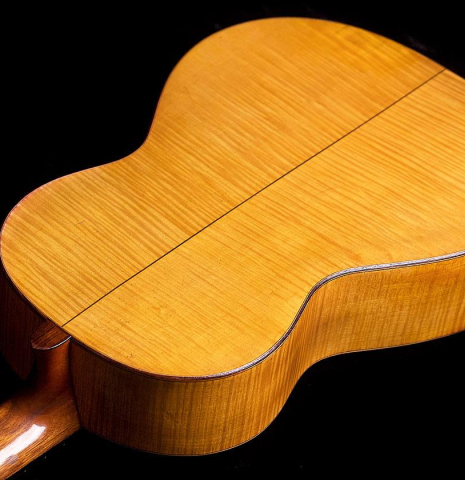 The back of a 1930 Hermann Hauser I "Llobet" classical guitar made of spruce and maple