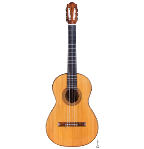 The front of a 1930 Hermann Hauser I "Llobet" classical guitar made of spruce and maple