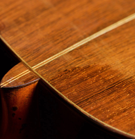 The back and heel of a 1951 Hermann Hauser I (ex John DeRose) made with spruce and CSA rosewood