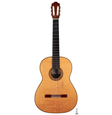 The front of a 1939 Hermann Hauser I classical guitar made with spruce and CSA rosewood.