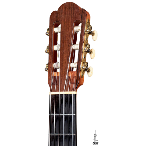 The headstock of a 1939 Hermann Hauser I classical guitar made with spruce and CSA rosewood.
