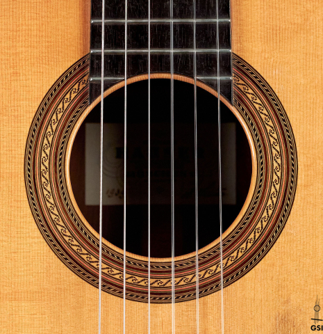 The rosette of a 1939 Hermann Hauser I classical guitar made with spruce and CSA rosewood.