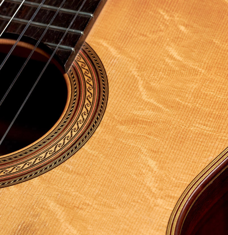 The soundboard of a 1939 Hermann Hauser I classical guitar made with spruce and CSA rosewood.