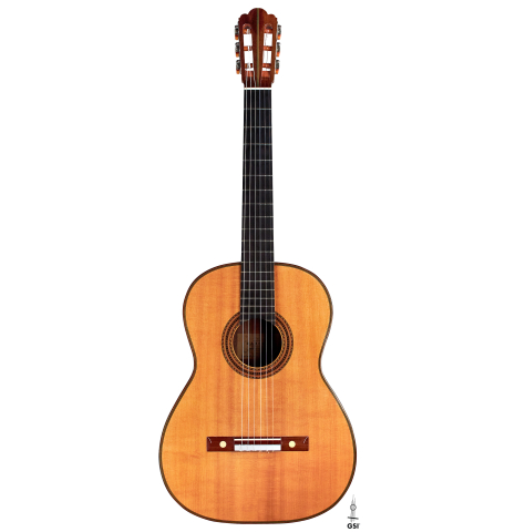 The front of a 1960 Hermann Hauser II classical guitar made with spruce and CSA rosewood