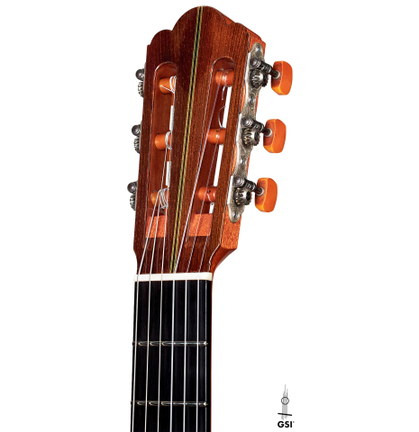 The headstock of a 1960 Hermann Hauser II classical guitar made with spruce and CSA rosewood