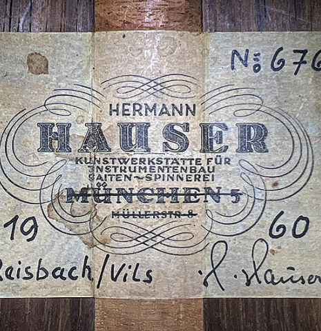 The label of a 1960 Hermann Hauser II classical guitar made with spruce and CSA rosewood