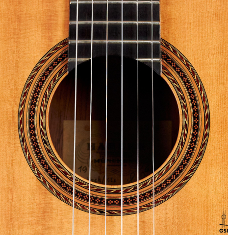 The rosette of a 1960 Hermann Hauser II classical guitar made with spruce and CSA rosewood