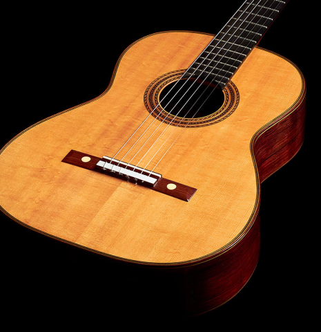 The front of a 1960 Hermann Hauser II classical guitar made with spruce and CSA rosewood