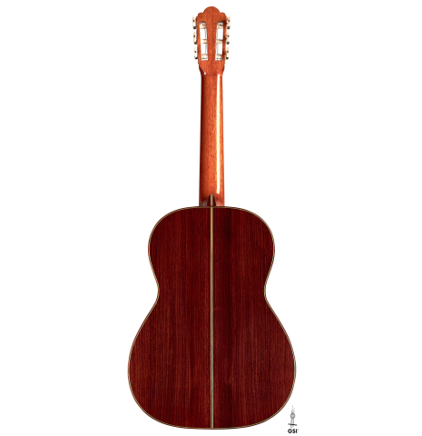 The back of a 1995 Hermann Hauser III classical guitar made with spruce and Indian rosewood