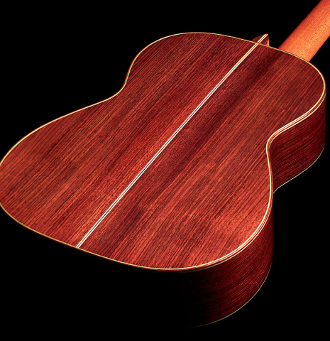 The back and sides of a 1995 Hermann Hauser III classical guitar made with spruce and Indian rosewood