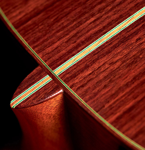 The back and heel of a 1995 Hermann Hauser III classical guitar made with spruce and Indian rosewood