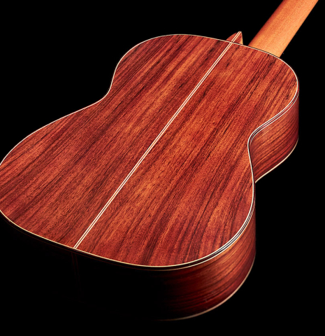 The back of a 2022 Kathrin Hauser "Segovia" classical guitar made of spruce and Indian rosewood.