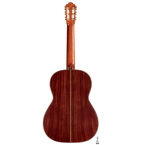 The back of a 2022 Kathrin Hauser &quot;Segovia&quot; classical guitar made of spruce and Indian rosewood.
