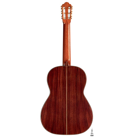 The back of a 2022 Kathrin Hauser "Segovia" classical guitar made of spruce and Indian rosewood.